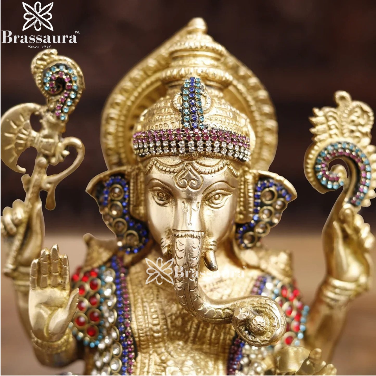 Brass Gem Stone Work Ganesha Weight 5.4 Kg & Height 9.5 Inch