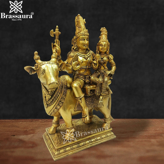 Brass Lord Shiv With Parvati & Nandi Statue Weight 12.3 Kg And Height 15.7 Inch