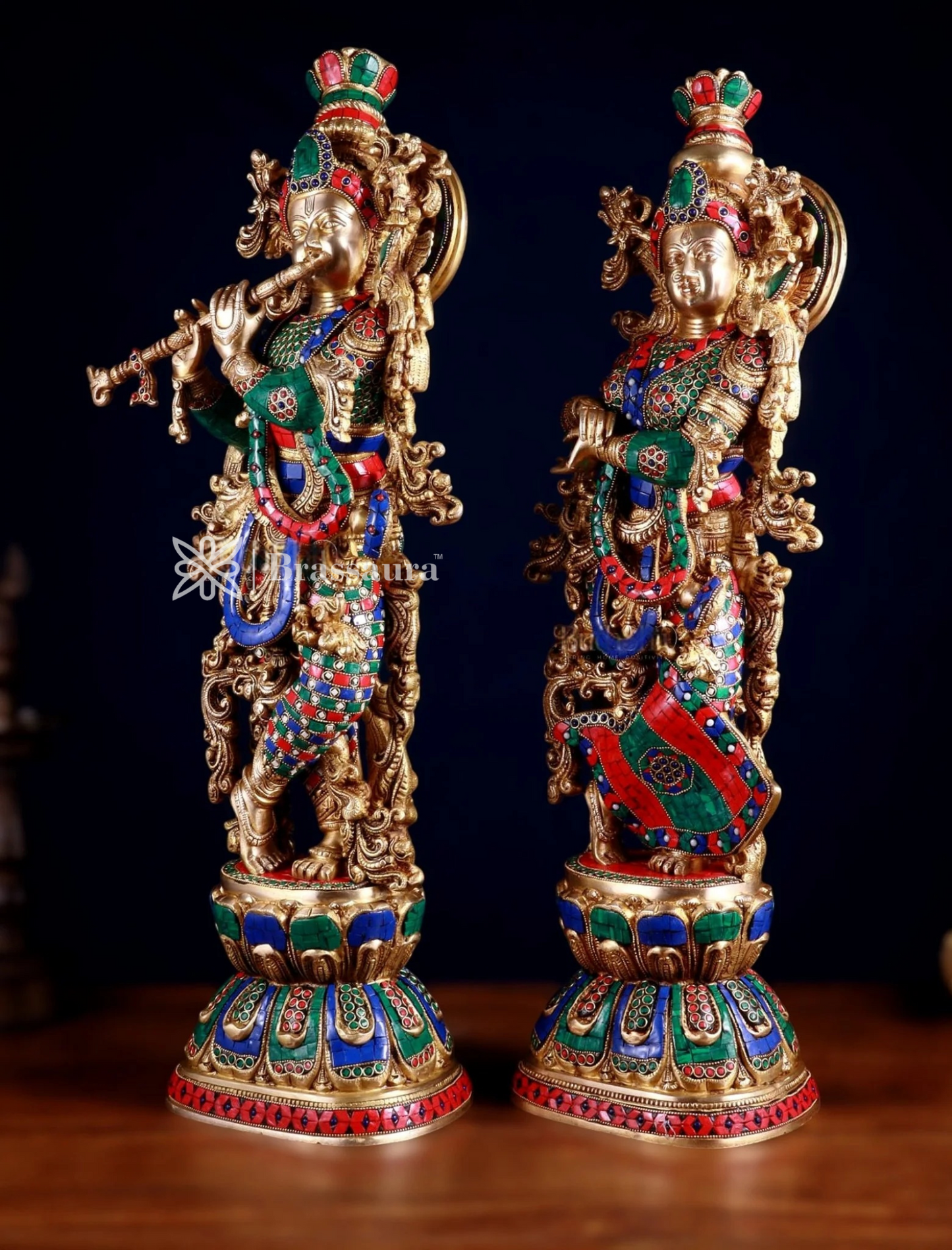 Brassaura™ Handcrafted Brass Radha Krishna Idol Pair with Meenakari – Height 29.5 & 29 Inches & Weight 33 Kgs | Elegant Devotional Statue