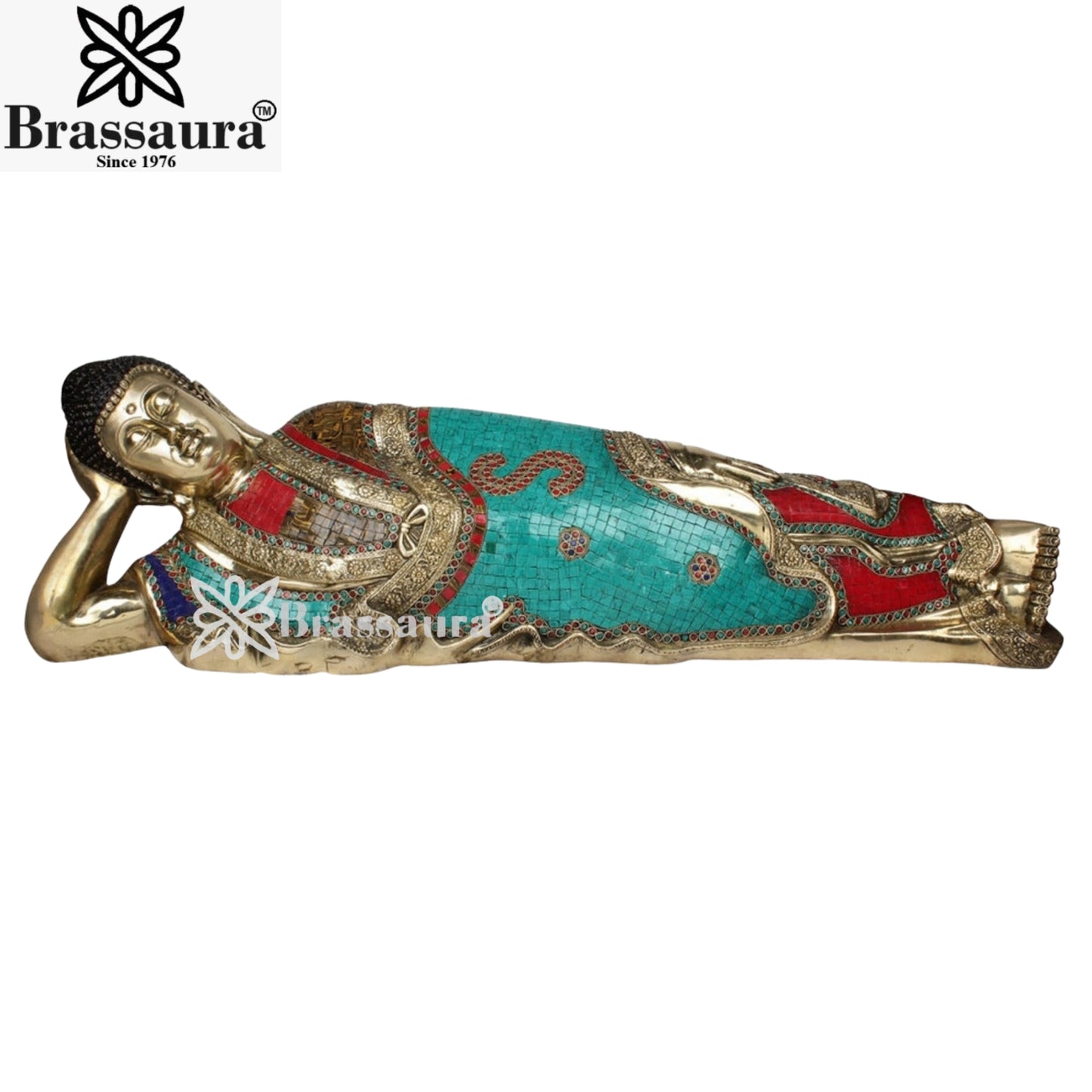 Brass Sleeping Gem Stone Work Buddha Weight 27 kg & Height 12 Inch