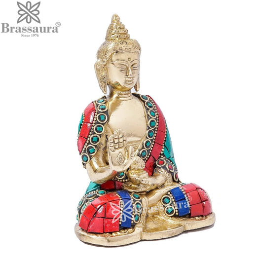 Brass Blessing Gem Stone Work Buddha Weight 0.65 kg & Height 5 Inch