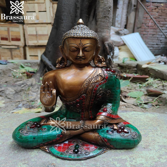 Brass Blessing Gem Stone Work Buddha Weight 6.1 kg & Height 12.5 Inch