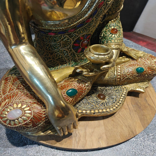 Brass Bhumisprasa Gem Stone Work Buddha Weight 10.5 kg & Height 16 Inch