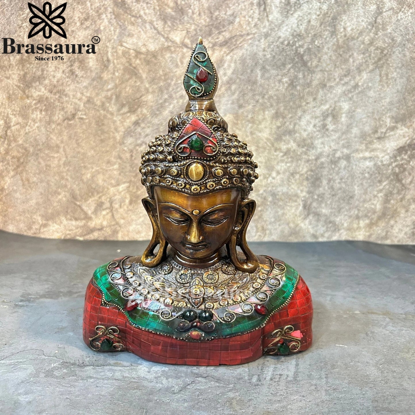 Brass Head Gem Stone Work Buddha Weight 3.9 kg & Height 12.5 Inch