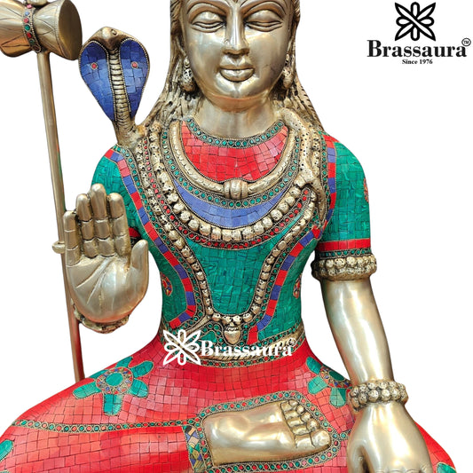 Brassaura® Handcrafted Brass Lord Shiva Idol with Delicate Gemstone Embellishments | Pure Superfine Brass Handcrafted Murti | Brass Statue for Home Temple, Pooja Room | Height 34 Inches | Weight 37 Kgs
