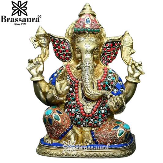 Brassaura™ Brass Ganesha Idol | Elegant Ganpati Statue for Home & Temple Décor | Height 9 Inches & Weight 4 Kgs