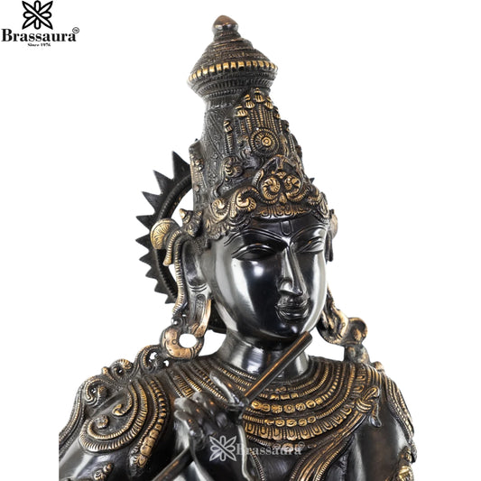 Brassaura® Lord Kesava Playing Flute Idol with Black and Yellow Finish | Pure Superfine Brass Handcrafted Murti | Brass Statue for Home Temple, Pooja Room | Height 34 Inches | Weight 19.0 Kgs