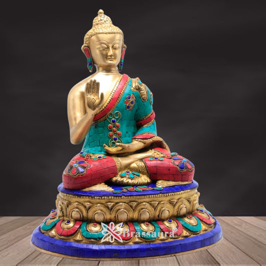 Brassaura® Buddha Statue – Blessing Gem Stone Work Design | Pure Superfine Brass Handcrafted Murti | Brass Statue for Home Temple, Pooja Room | Height 13 Inch | Weight 7 Kg