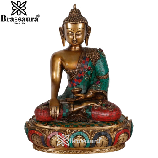 Brassaura® Buddha Bhumisparsha Mudra Sitting Idol with Gem Stone Work Finish | Pure Superfine Brass Handcrafted Murti | Brass Statue for Home Temple, Pooja Room | Height 14 Inches | Weight 8 Kgs