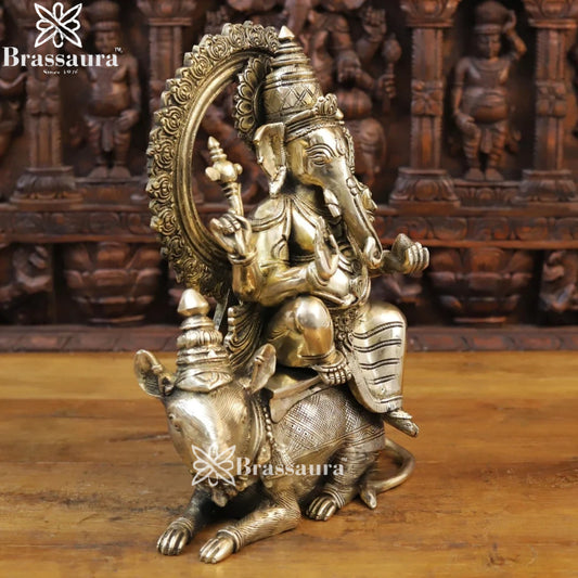 Brass Ganesha On Rat Weight 14.3 Kg & Height 16.5 Inch