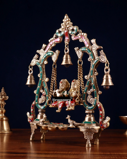 Brassaura™ Brass Radha Krishna Swing Idol with Diyas, Peacocks & Bells – Height 13.5 Inches & Weight 2.4 Kgs | Elegant Devotional Statue