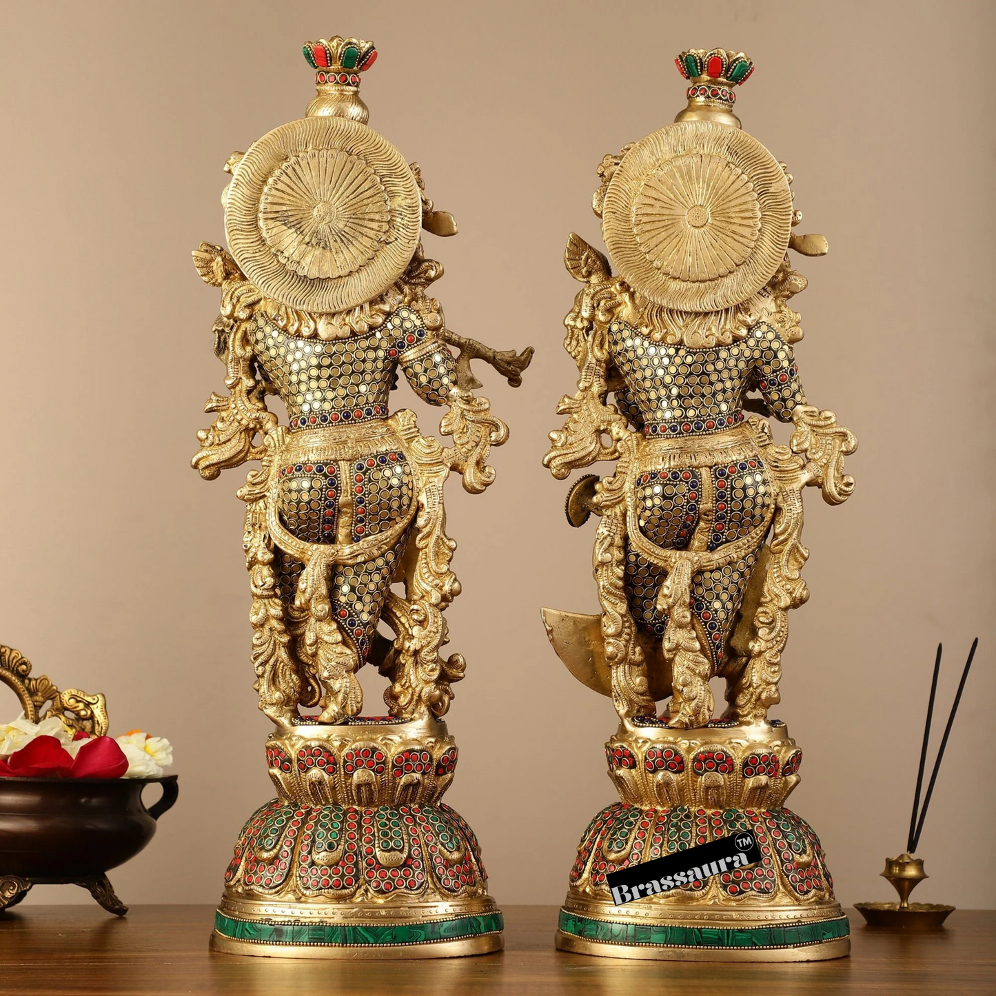 Brassaura™ Pure Brass Radha Krishna Statue with Brass Rings & Natural Stones – Height 21 Inches & Weight 18 Kgs | Elegant Devotional Idol