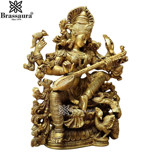 Brassaura™ Brass Saraswati Idol – Height 16 Inches & Weight 15 Kgs | Hindu Goddess Statue