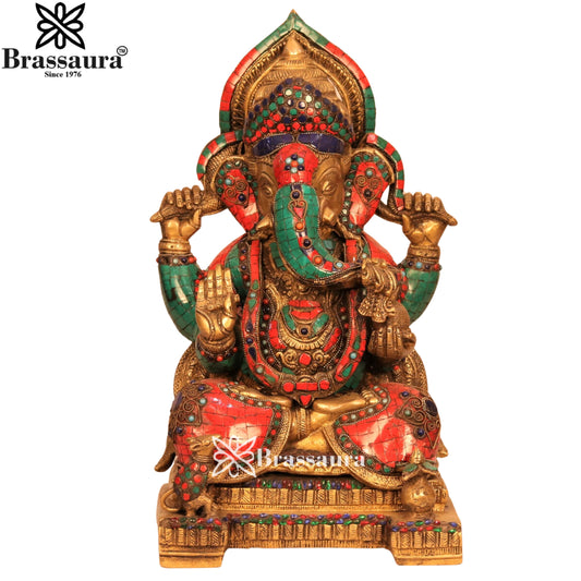 Brass Gem Stone Work Ganesha Statue Weight 16.9 Kg & Height 18 Inch