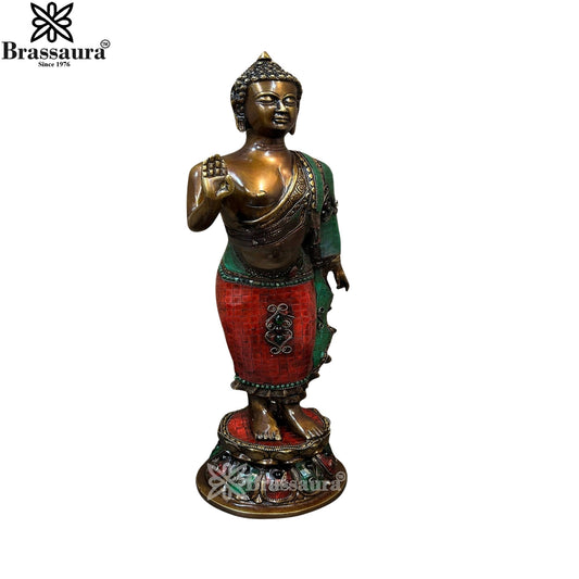 Brass Standing Blessing Gem Stone Work Buddha Weight 7.7 kg & Height 21 Inch