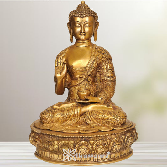 Brassaura® Royal Golden Blessing Buddha Idol with Base for Home & Décor | Pure Superfine Brass Handcrafted Murti, Brass Statue for Home Temple, Pooja Room | Height 15 Inches | Weight 8 Kg