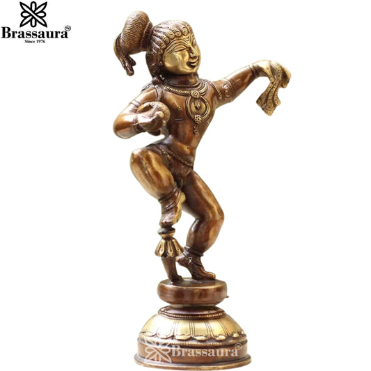 Brassaura® Brass Dancing Bala Krishna Idol with Antique Brown Finish | Handcrafted Bal Gopal Statue for Home Temple, Pooja Room & Spiritual Décor | Height 12 Inches | Weight 3.4 Kgs