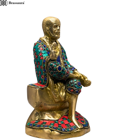 Brassaura™ Brass Gem Stone Work Sai Baba Idol – Height 9 Inches & Weight 2.4 Kgs | Royal Ensemble for Temple & Home Décor