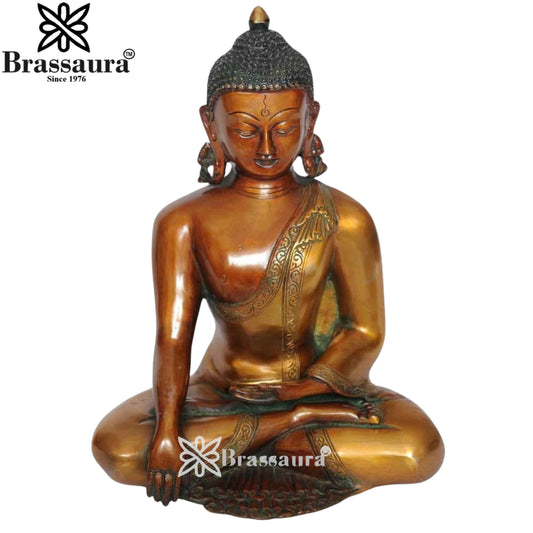 Brassaura® Buddha Bhumisparsha Mudra Sitting Idol with Antique Brown & Gold Finish | Pure Superfine Brass Handcrafted Murti | Brass Statue for Home Temple, Pooja Room | Height 13 Inches | Weight 6 Kgs