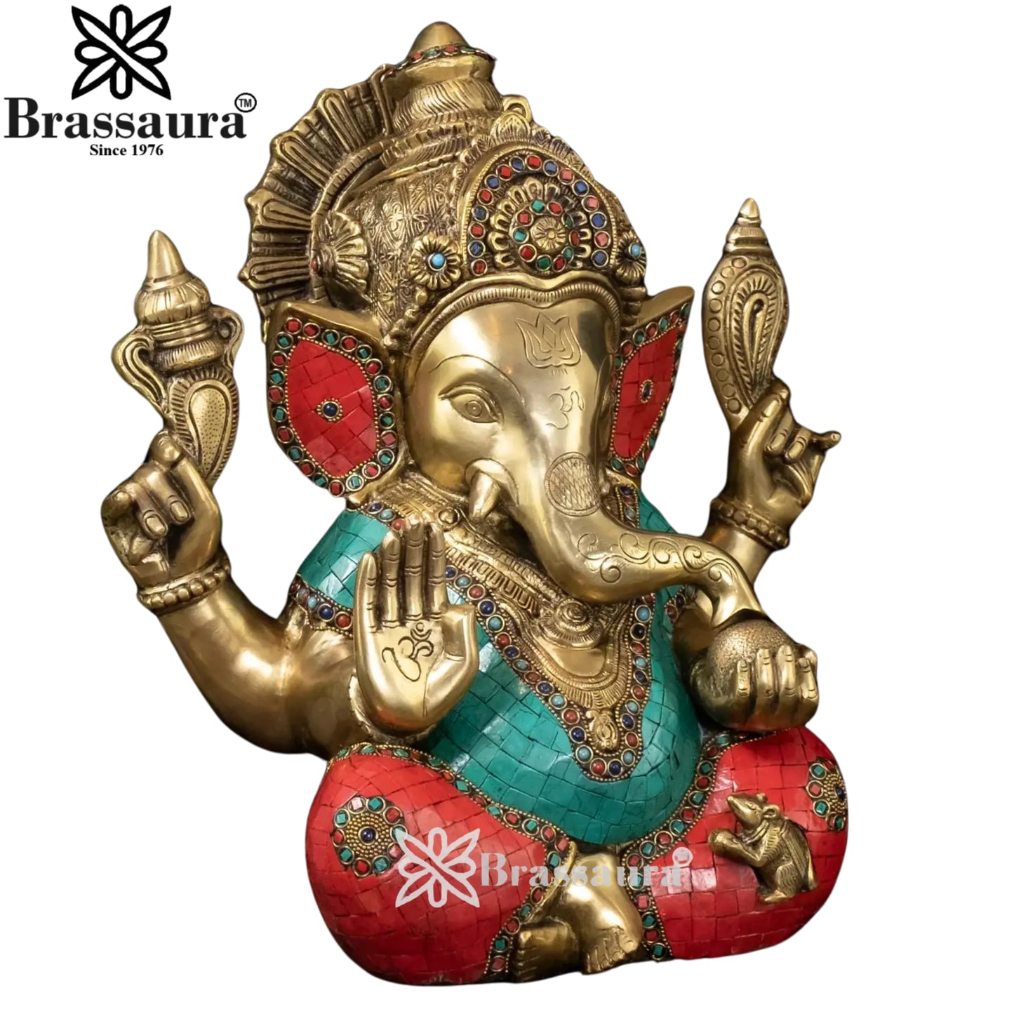 Brass Gem Stone Work Ganesha Statue Weight 13.8 Kg And Height 15.5 Inch