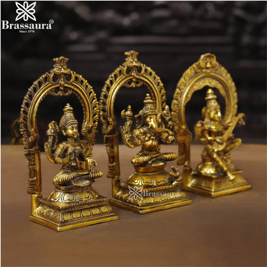 Brass Lakshmi Ganesh Saraswati Murti Weight 7.98 Kg And Height 9.5 Inch