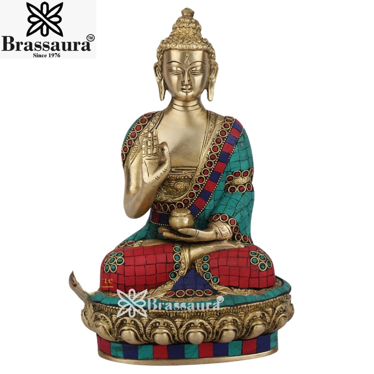 Brass Gem Stone Work Blessing Buddha Weight 3.2 kg & Height 10.5 Inch