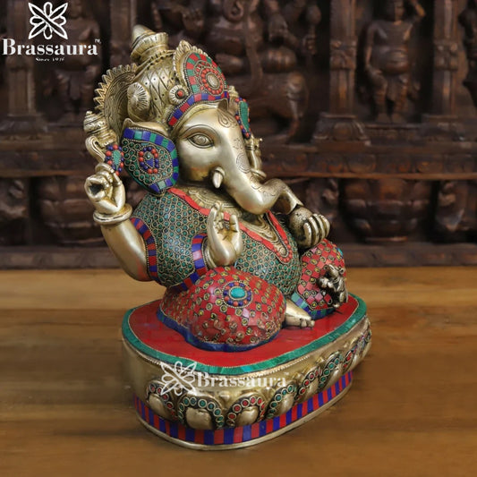 Brass Gem Stone Work Ganesha Weight 14 Kg & Height 15 Inch