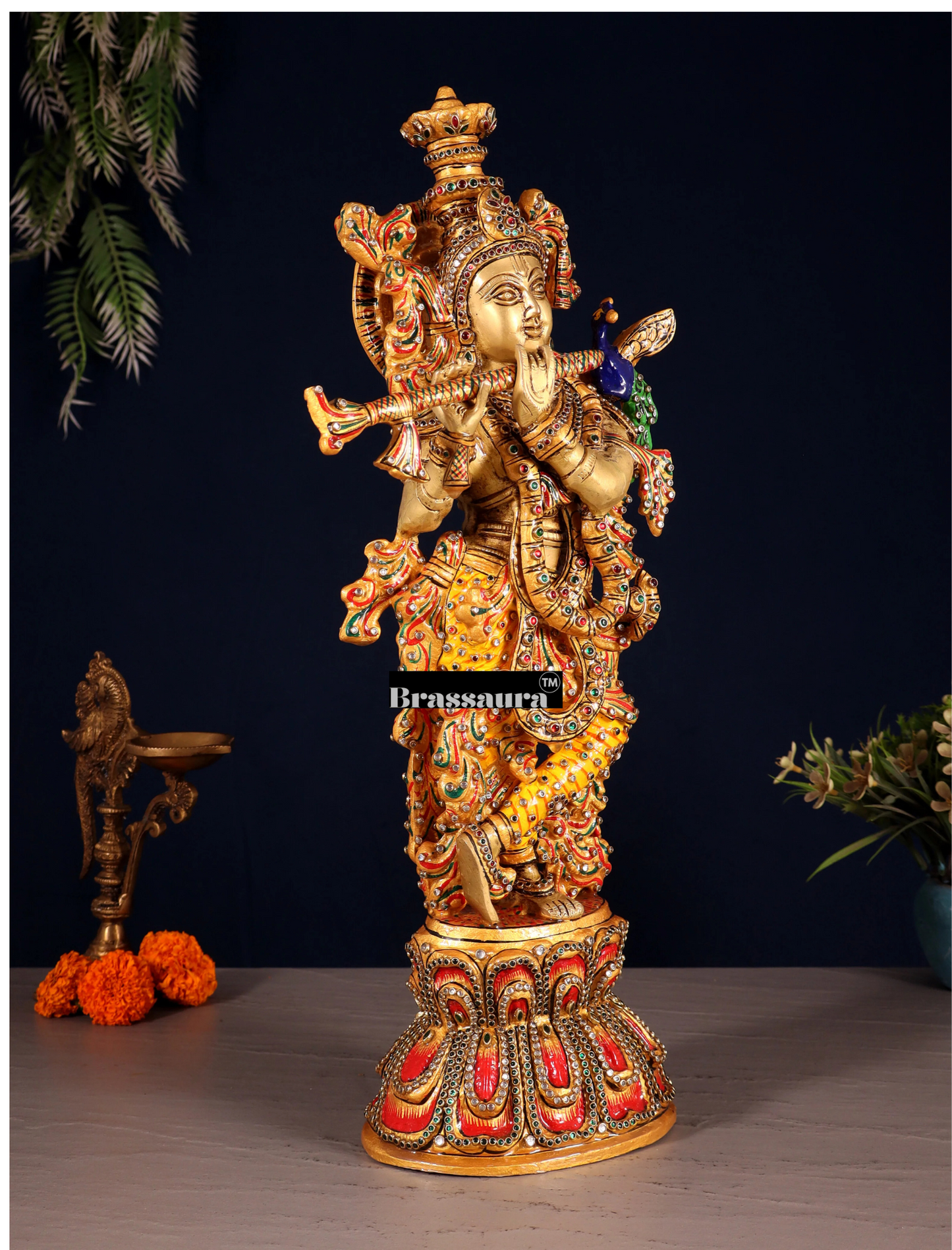 Brassaura™ Brass Krishna Statue with Natural Stones – Height 21" | Weight 9 Kgs