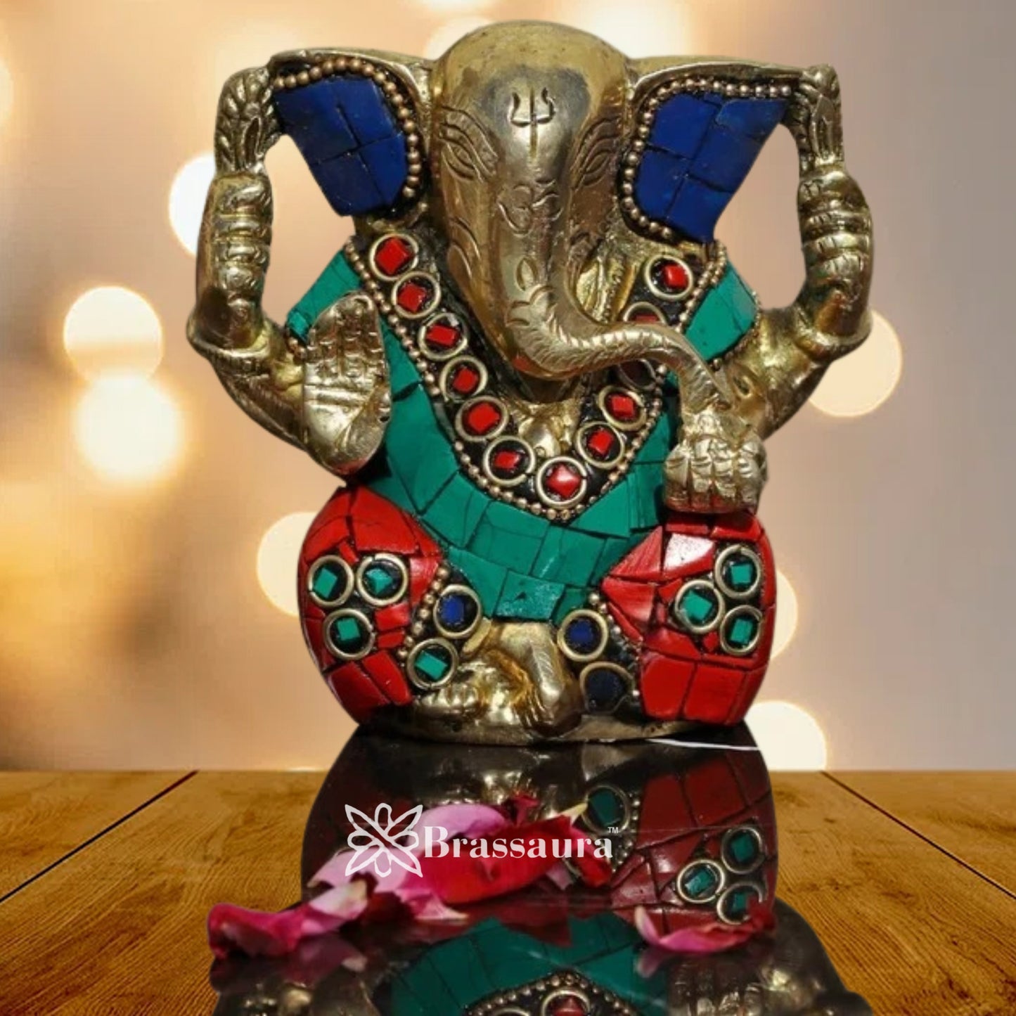 Brass Gem Stone Work Ganesha Weight .6 Kg & Height 3.8 Inch