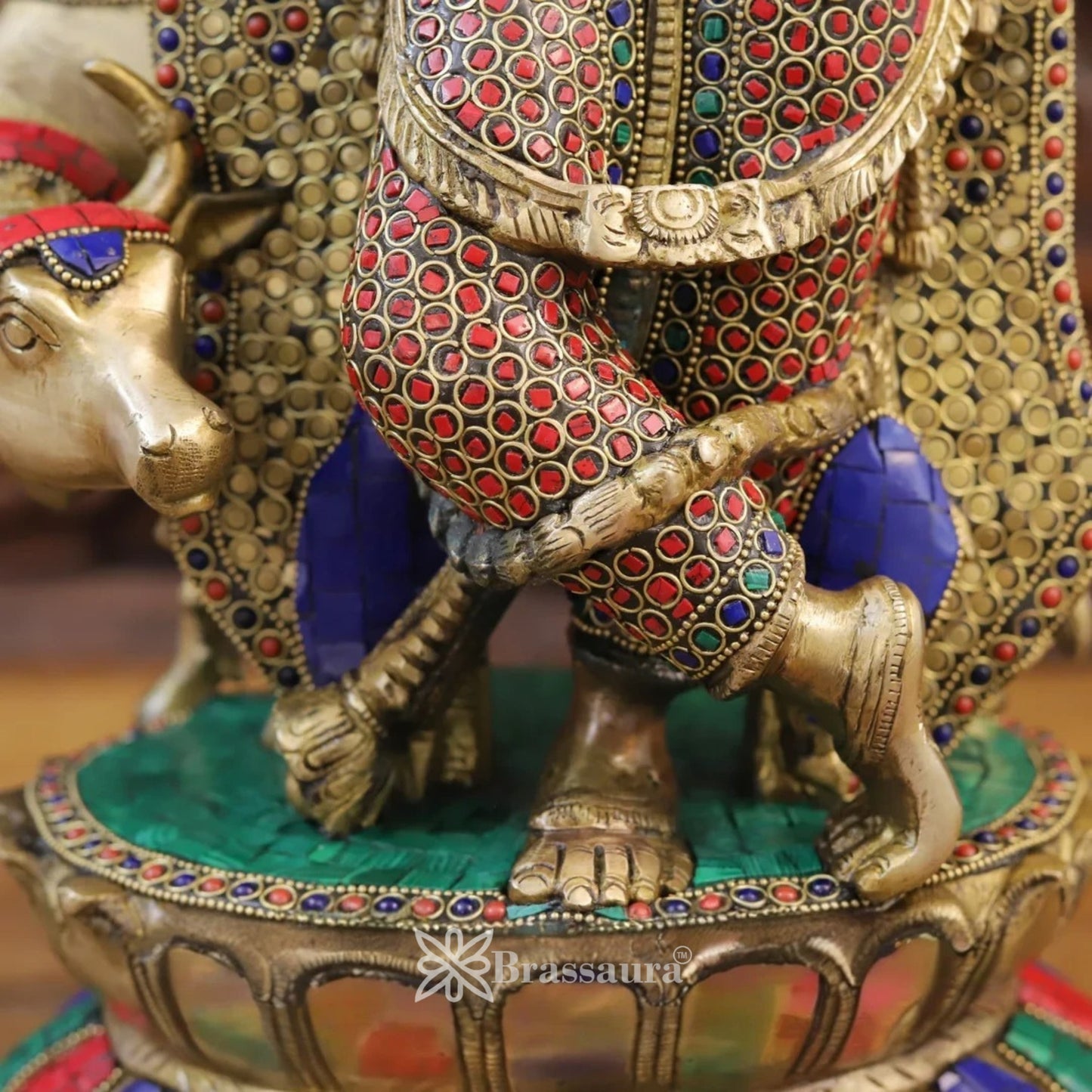 Brass Gem Stone Work Cow Krishna Murti Weight 16.3 Kg And Height 19.5 Inch