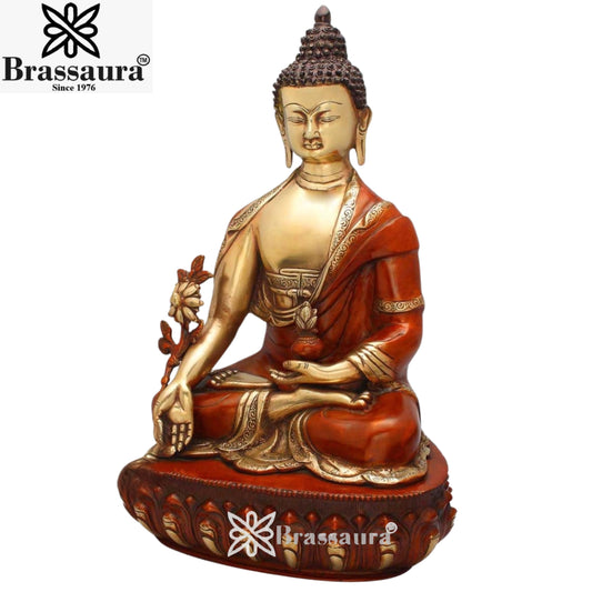 Brassaura® Brass Classic Buddha Idol with Red Robe & Lotus in Seated Meditation Pose – Pure Superfine Brass Handcrafted Murti, Brass Statue for Home Temple, Pooja Room – 18 Inch, 9.6 Kg