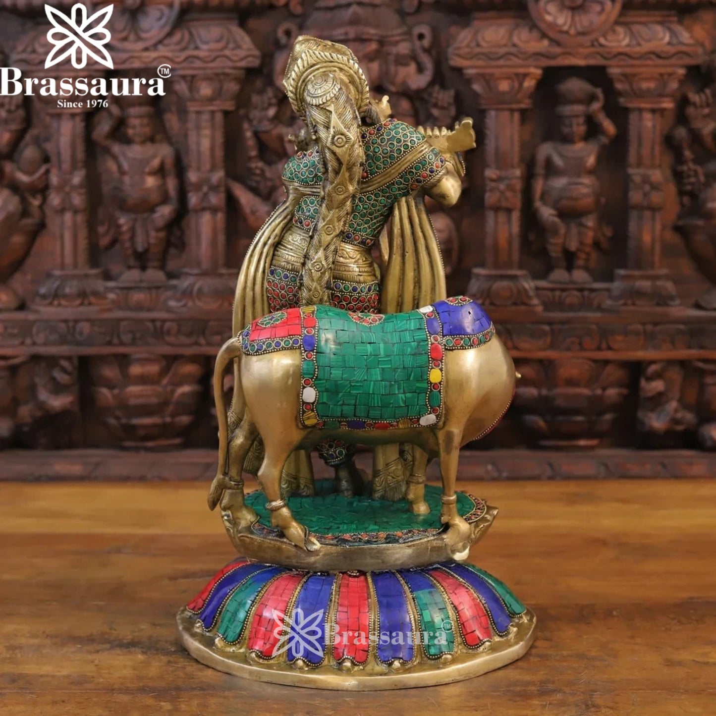 Brass Gem Stone Work Cow Krishna Murti Weight 16.3 Kg And Height 19.5 Inch