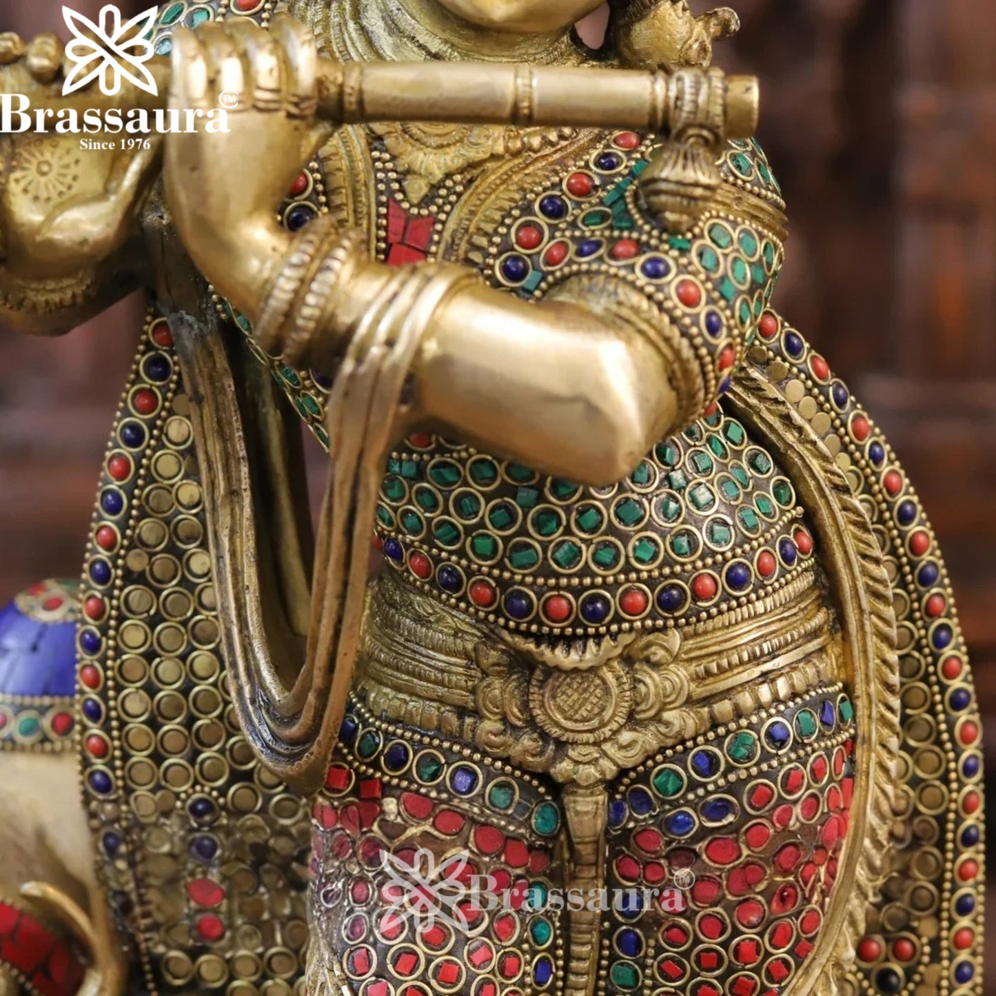 Brass Gem Stone Work Cow Krishna Murti Weight 16.3 Kg And Height 19.5 Inch