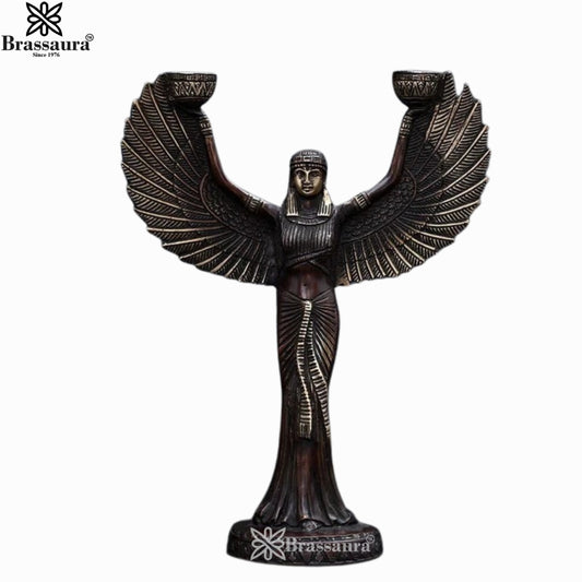 Brassaura® Egyptian Winged Goddess Brass Candle Holder | Handcrafted Decorative Sculpture | Height 11.5 Inches & Weight 1.8 Kgs
