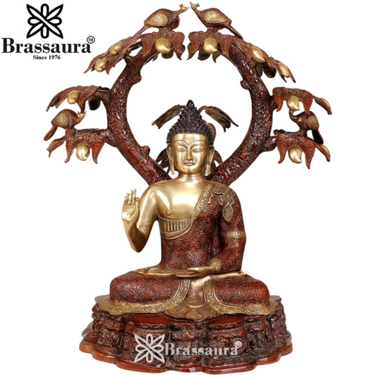 Brassaura™ Brass Buddha With Tree – Height 29 Inches & Weight 42 Kgs | Majestic Brass Sculpture for Temple & Meditation Corners