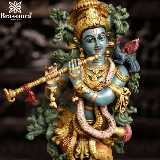 Brassaura® Lord Krishna Playing Flute Idol with Ornamental Vine Design | Pure Brass Handcrafted Multicolor Antique Finish Murti for Home Temple & Luxury Décor | Height 30 Inches | Weight 15.63 Kgs