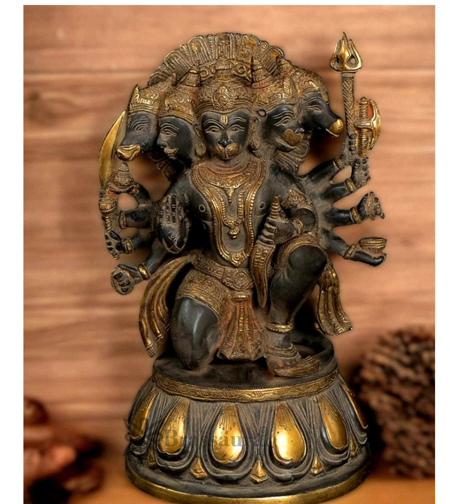 Brassaura™ Handcrafted Superfine Brass Panchmukhi Hanuman Idol – Height 13.5 Inches & Weight 9 Kgs | Heat-Treated Sandstone Finish