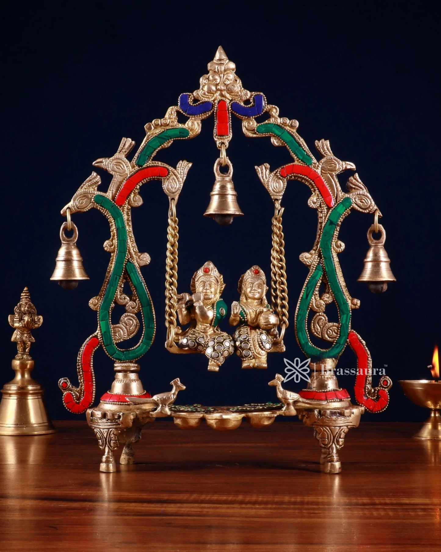 Brassaura™ Brass Radha Krishna Swing Idol with Diyas, Peacocks & Bells – Height 13.5 Inches & Weight 2.4 Kgs | Elegant Devotional Statue