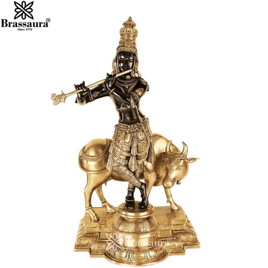 Brass Cow Krishna Murti Weight 26.7 Kg And Height 26.5 Inch