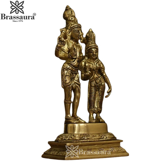 Brassaura® Brass Standing Shiva Parvati Statue with Traditional Handcrafted Finish | Pure Superfine Brass Handcrafted Murti | Brass Statue for Home Temple, Pooja Room | Height 9 Inches | Weight 1.7 Kgs