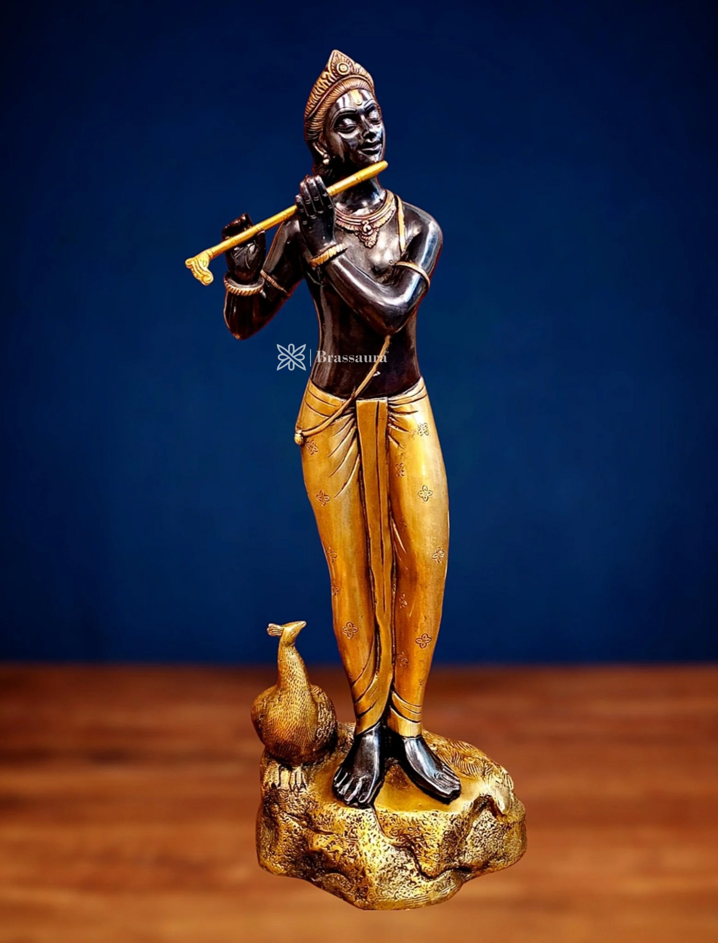 Brassaura™ Krishna Murlidhar Brass Idol – Height 29 Inches & Weight 18 Kgs | Black & Gold Finish