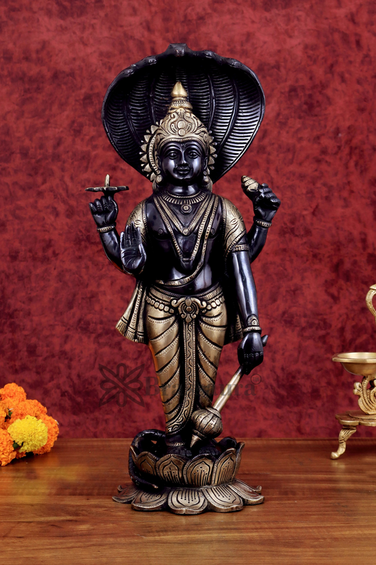 Brassaura™ Handcrafted Pure Brass Lord Vishnu on Lotus Base with Sheshnaag | 17 Inch Height | 7 KG Weight | Black Heat-Treated Finish