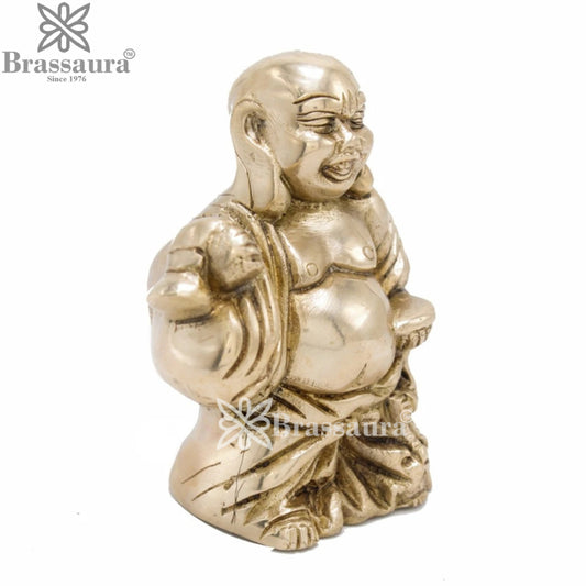 Brassaura® Laughing Buddha Standing Idol with Sack & Bowl and Antique Gold Finish | Pure Superfine Brass Handcrafted Murti | Brass Statue for Home Temple, Pooja Room | Height 5 Inches | Weight 1.2 Kgs