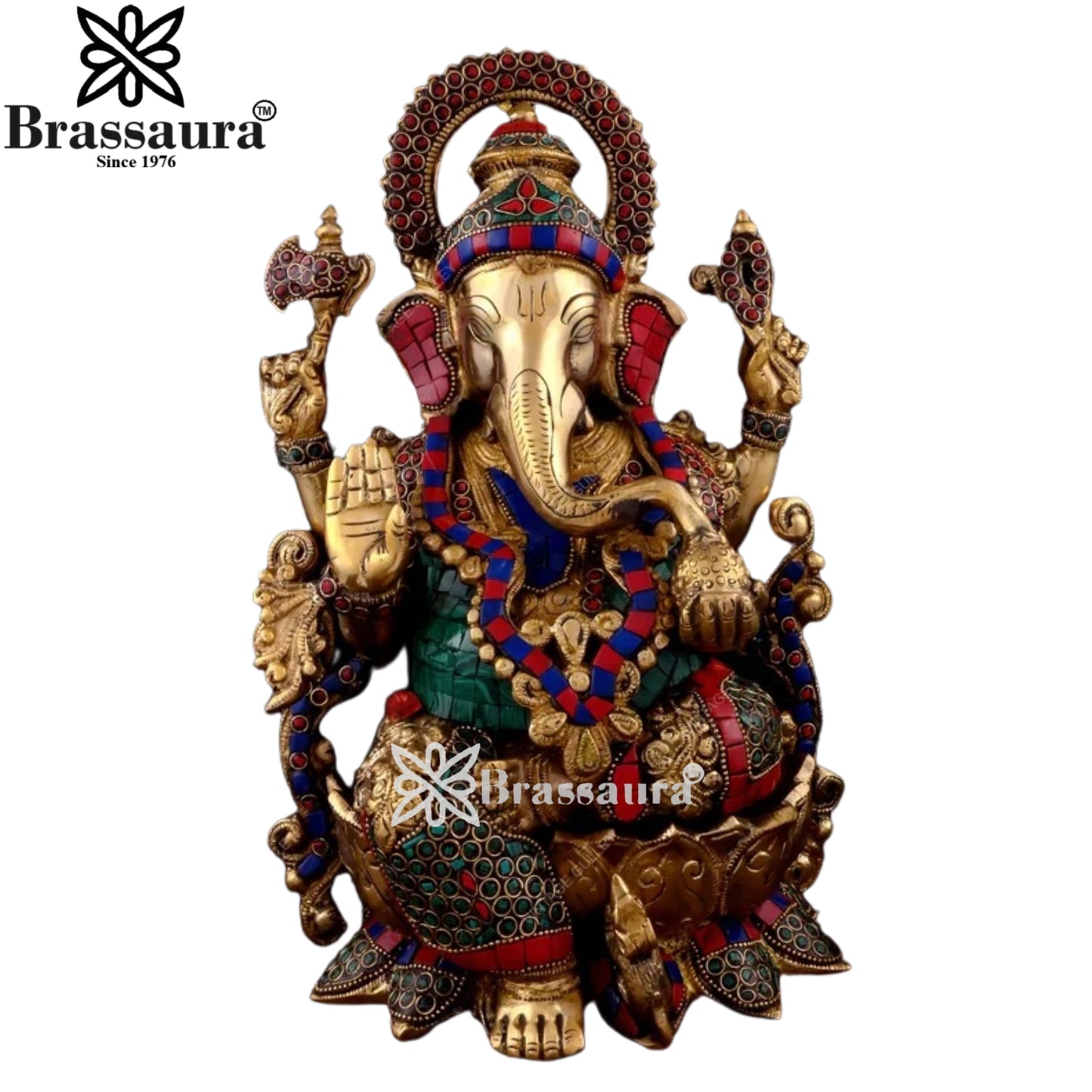 Brass Gem Stone Work Jewellery Ganesha Statue Weight 7.55 Kg And Height 8.6 Inch
