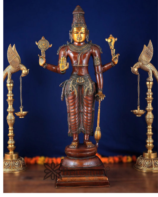 Brassaura™ Handcrafted Pure Brass Lord Vishnu Statue on Lotus Base with Sheshnaag | 37 Inch Height | 27 KG Weight | Black Heat-Treated Finish
