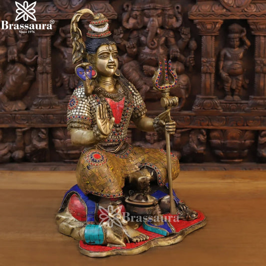 Brassaura™ Brass Gem Stone Work Shiva Statue – Height 18.5 Inches & Weight 17.42 Kgs | Elegant Spiritual Décor