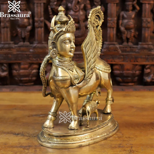 Brassaura™ Brass Kamdhenu Cow & Calf Idol – Height 16.5 Inches & Weight 12.8 Kgs | Temple Room & Worship Accent