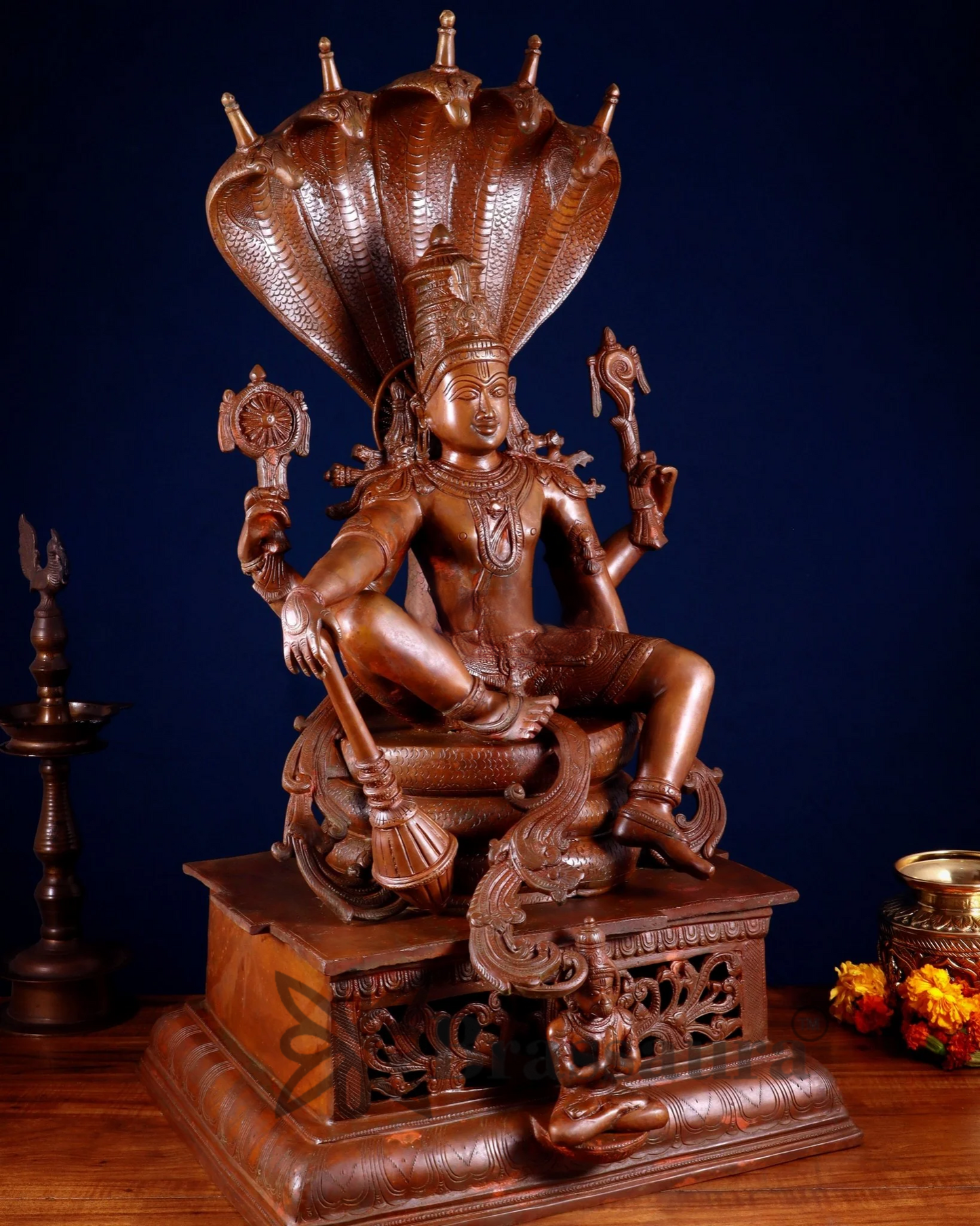 Brassaura™ Magnificent Brass Lord Vishnu Statue Seated on Engraved Pedestal with Sheshanaag and Hanuman | 29 Inch Height | 35 KG Weight | Chola Bronze Finish