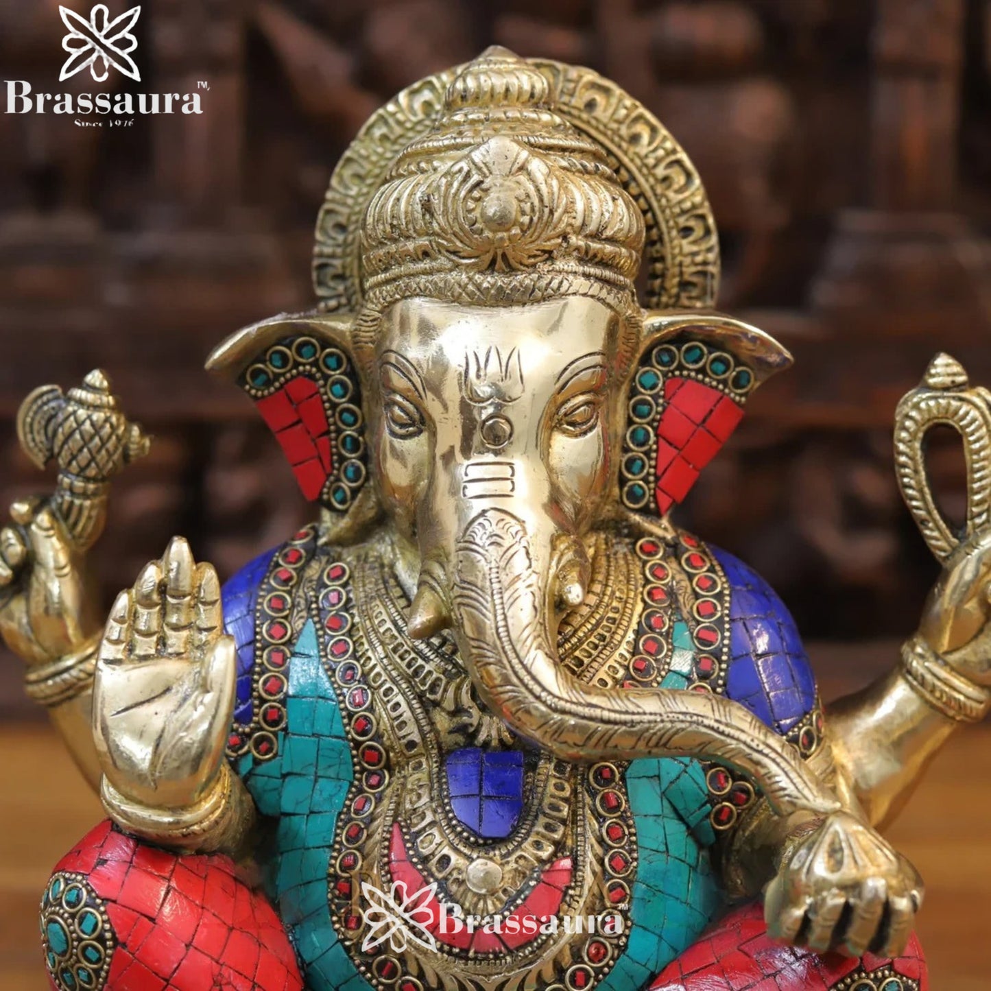 Brass Gem Stone Work Ganesha Weight 9.5 Kg & Height 12.5 Inch