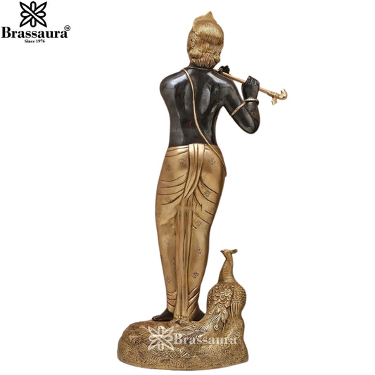 Brassaura® Lord Krishna Playing Flute Standing Idol with Black & Golden Finish | Pure Superfine Brass Handcrafted Murti | Brass Statue for Home Temple, Pooja Room | Height 30 Inches | Weight 14.6 Kgs